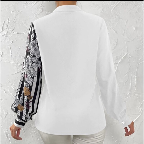 Elegant Striped Floral Print Long Sleeve Button Down Shirt Top Blouse White - Picture 2 of 16